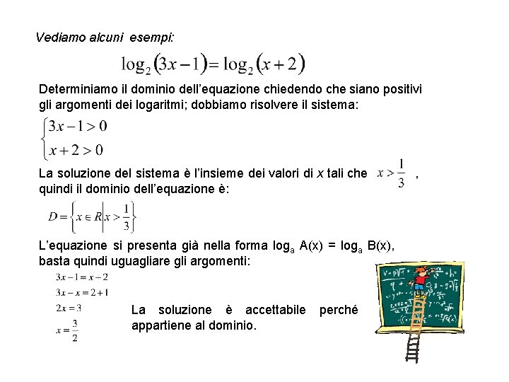 Vediamo alcuni esempi: Determiniamo il dominio dell’equazione chiedendo che siano positivi gli argomenti dei