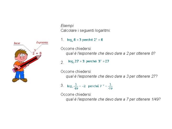 Esempi Calcolare i seguenti logaritmi: 1. Occorre chiedersi: qual è l'esponente che devo dare