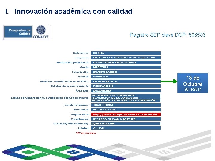 I. Innovación académica con calidad Instituto de Ingeniería Registro SEP clave DGP: 506583 13