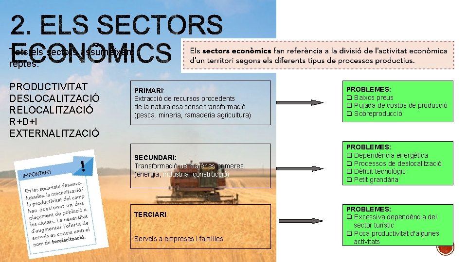 Tots els sectors assumeixen reptes: PRODUCTIVITAT DESLOCALITZACIÓ RELOCALITZACIÓ R+D+I EXTERNALITZACIÓ PRIMARI: Extracció de recursos
