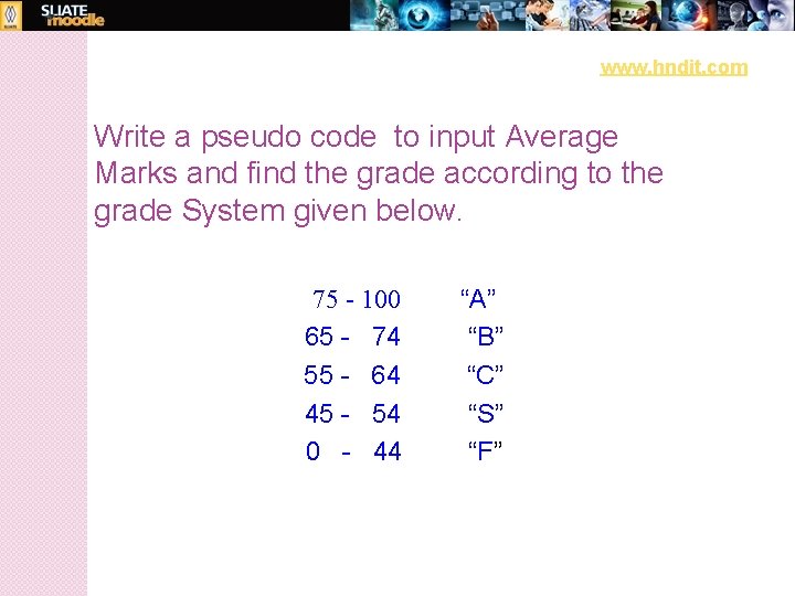 www. hndit. com Write a pseudo code to input Average Marks and find the