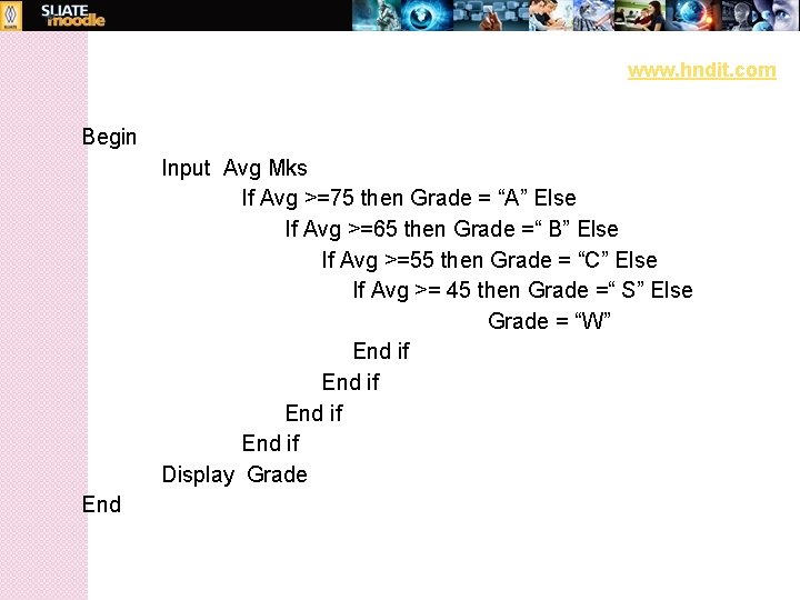 www. hndit. com Begin Input Avg Mks If Avg >=75 then Grade = “A”