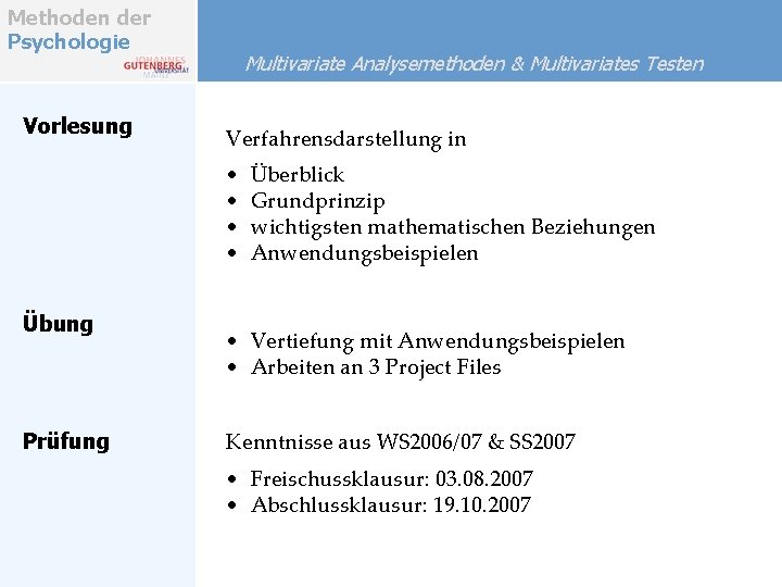 Methoden der Psychologie Vorlesung Multivariate Analysemethoden & Multivariates Testen Verfahrensdarstellung in • • Übung Methoden der Psychologie Vorlesung Multivariate Analysemethoden & Multivariates Testen Verfahrensdarstellung in • • Übung