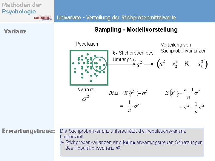 Methoden der Psychologie Univariate - Verteilung der Stichprobenmittelwerte Sampling - Modellvorstellung Varianz Population k Methoden der Psychologie Univariate - Verteilung der Stichprobenmittelwerte Sampling - Modellvorstellung Varianz Population k