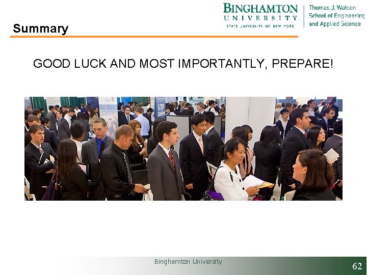 Summary GOOD LUCK AND MOST IMPORTANTLY, PREPARE! Binghamton University 62 