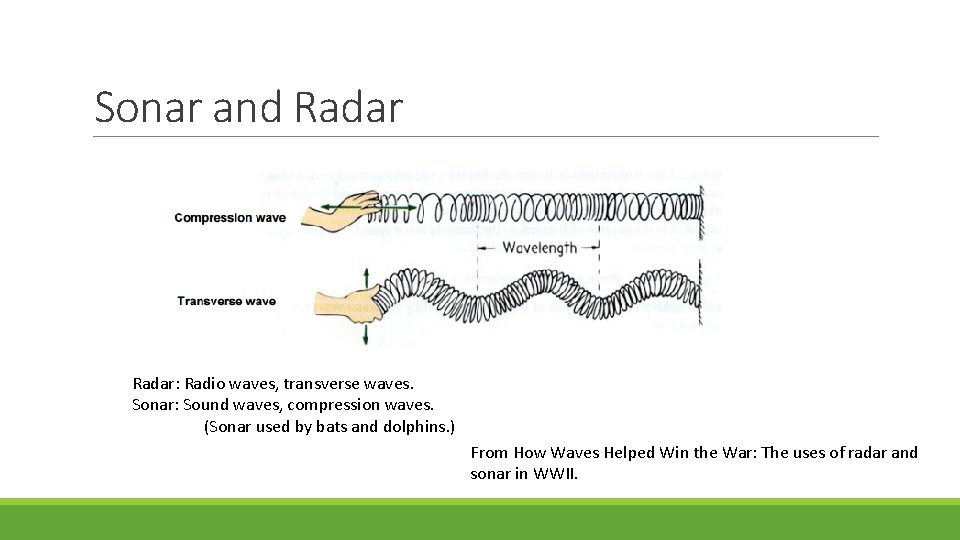 Sonar and Radar: Radio waves, transverse waves. Sonar: Sound waves, compression waves. (Sonar used