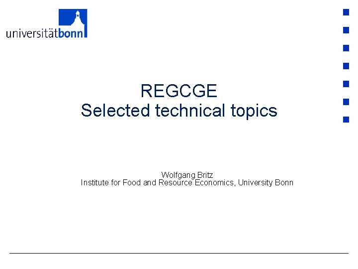 REGCGE Selected technical topics Wolfgang Britz Institute for Food and Resource Economics, University Bonn