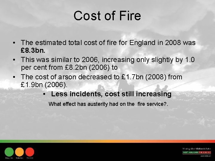 Cost of Fire • The estimated total cost of fire for England in 2008