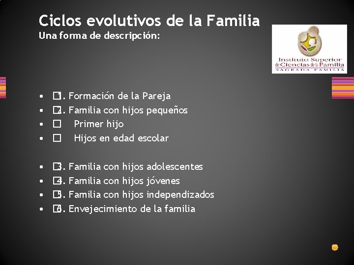 Ciclos evolutivos de la Familia Una forma de descripción: • • � 1. �