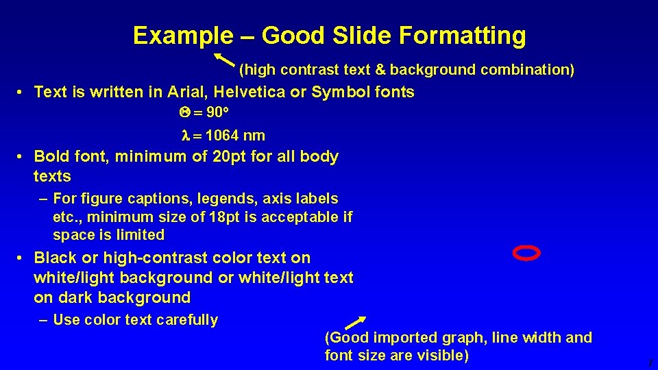 Example – Good Slide Formatting (high contrast text & background combination) • Text is
