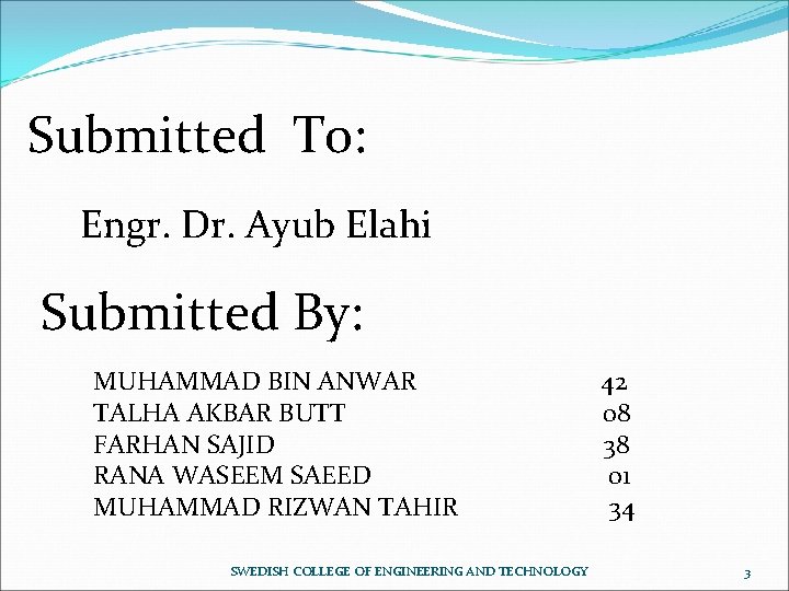 Submitted To: Engr. Dr. Ayub Elahi Submitted By: MUHAMMAD BIN ANWAR TALHA AKBAR BUTT