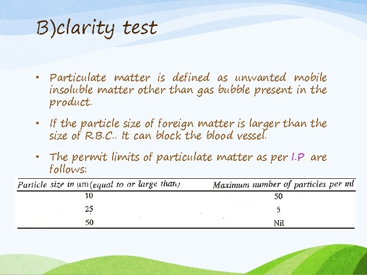 B)clarity test • Particulate matter is defined as unwanted mobile insoluble matter other than