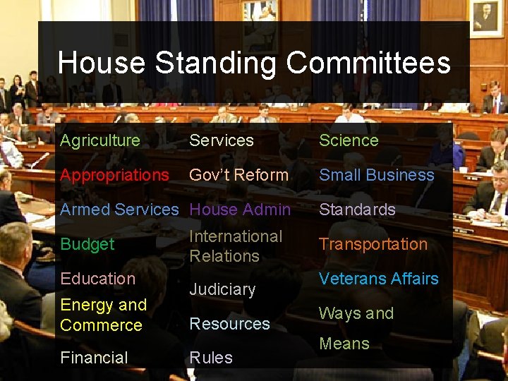 House Standing Committees Agriculture Services Science Appropriations Gov’t Reform Small Business Armed Services House