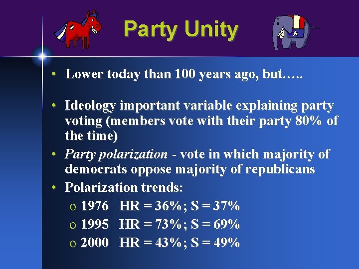 Party Unity • Lower today than 100 years ago, but…. . • Ideology important