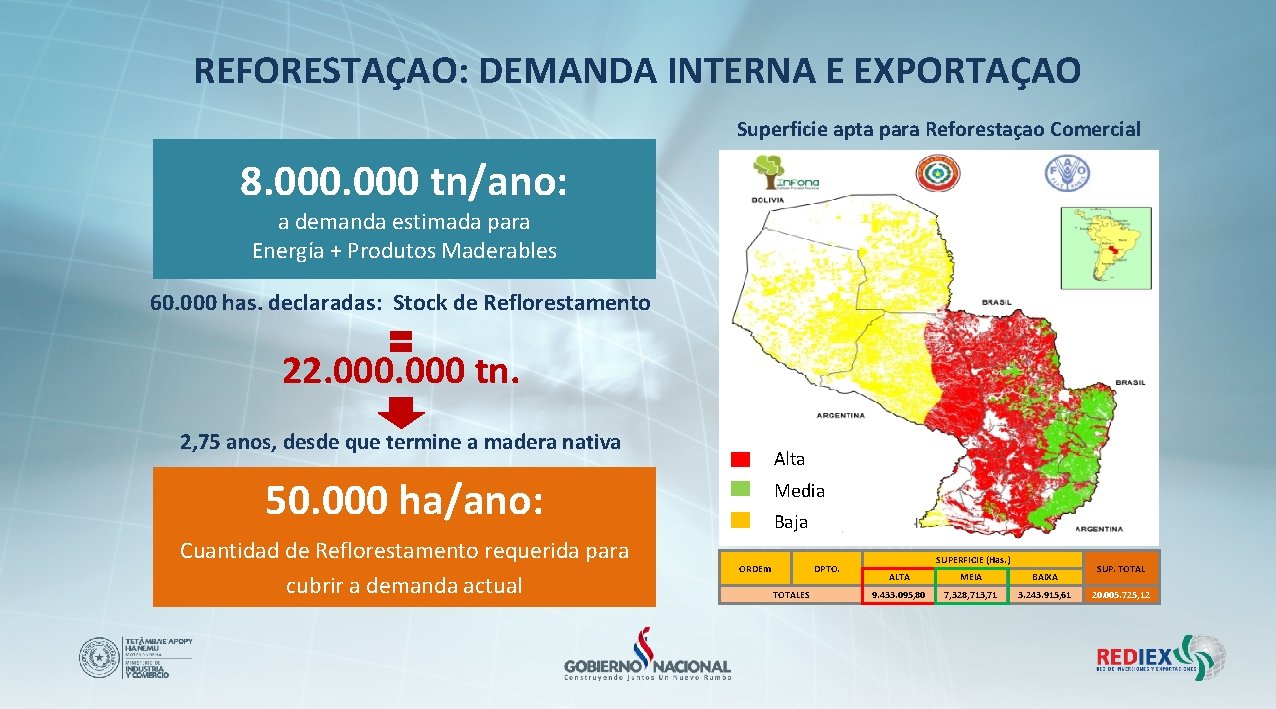 REFORESTAÇAO: DEMANDA INTERNA E EXPORTAÇAO Superficie apta para Reforestaçao Comercial 8. 000 tn/ano: a