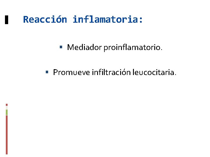 Reacción inflamatoria: Mediador proinflamatorio. Promueve infiltración leucocitaria. 