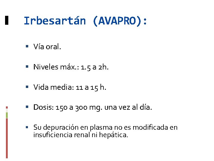 Irbesartán (AVAPRO): Vía oral. Niveles máx. : 1. 5 a 2 h. Vida media: