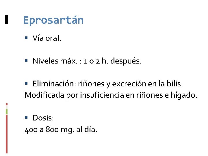 Eprosartán Vía oral. Niveles máx. : 1 o 2 h. después. Eliminación: riñones y