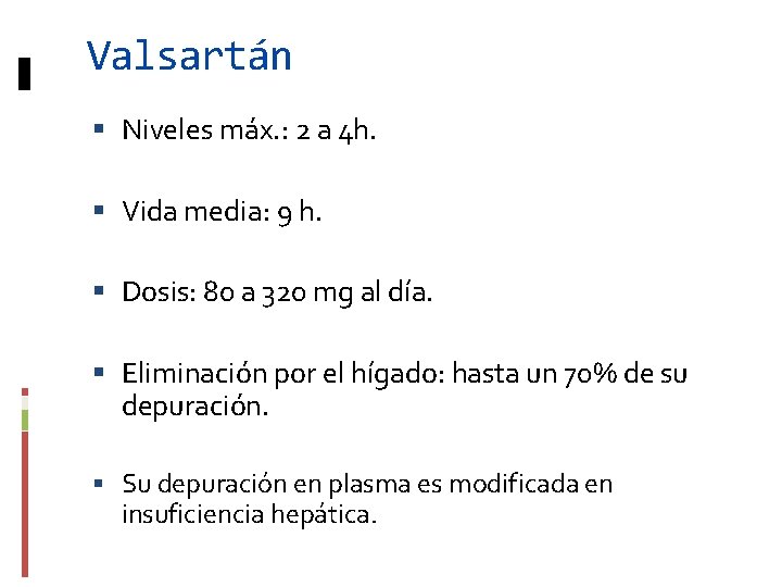 Valsartán Niveles máx. : 2 a 4 h. Vida media: 9 h. Dosis: 80