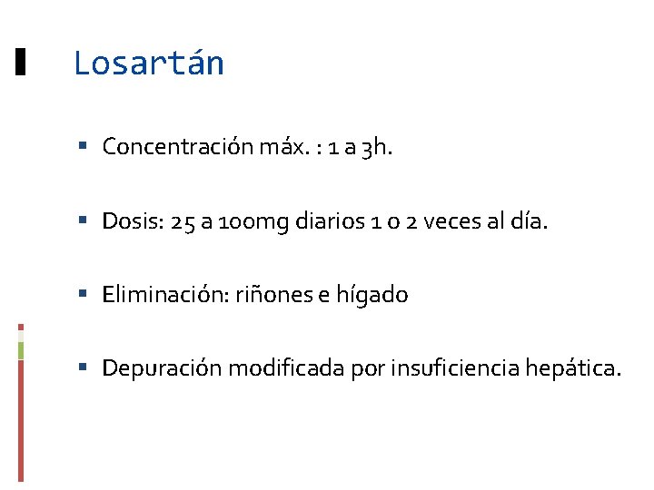 Losartán Concentración máx. : 1 a 3 h. Dosis: 25 a 100 mg diarios