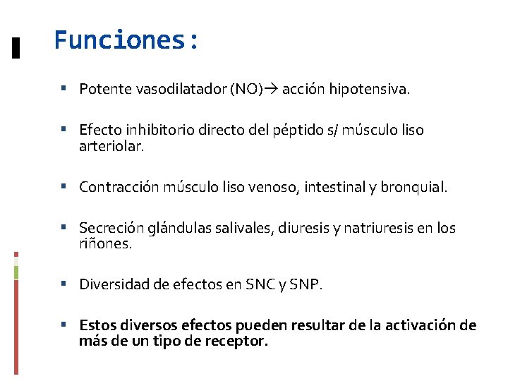 Funciones: Potente vasodilatador (NO) acción hipotensiva. Efecto inhibitorio directo del péptido s/ músculo liso