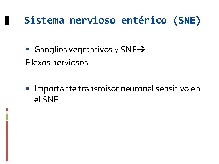 Sistema nervioso entérico (SNE) Ganglios vegetativos y SNE Plexos nerviosos. Importante transmisor neuronal sensitivo