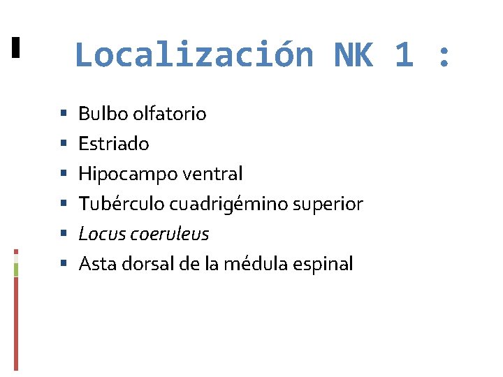 Localización NK 1 : Bulbo olfatorio Estriado Hipocampo ventral Tubérculo cuadrigémino superior Locus coeruleus