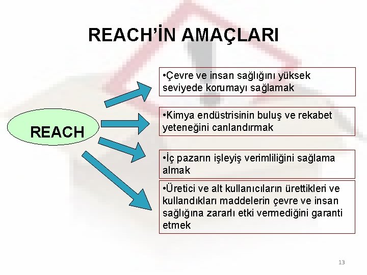 REACH’İN AMAÇLARI • Çevre ve insan sağlığını yüksek seviyede korumayı sağlamak REACH • Kimya