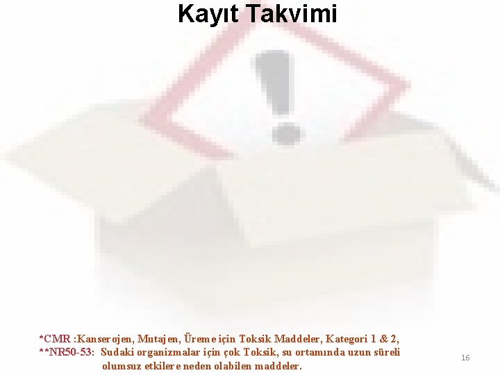 Kayıt Takvimi *CMR : Kanserojen, Mutajen, Üreme için Toksik Maddeler, Kategori 1 & 2,