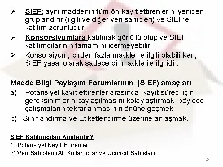 Ø Ø Ø SIEF; aynı maddenin tüm ön-kayıt ettirenlerini yeniden gruplandırır (ilgili ve diğer