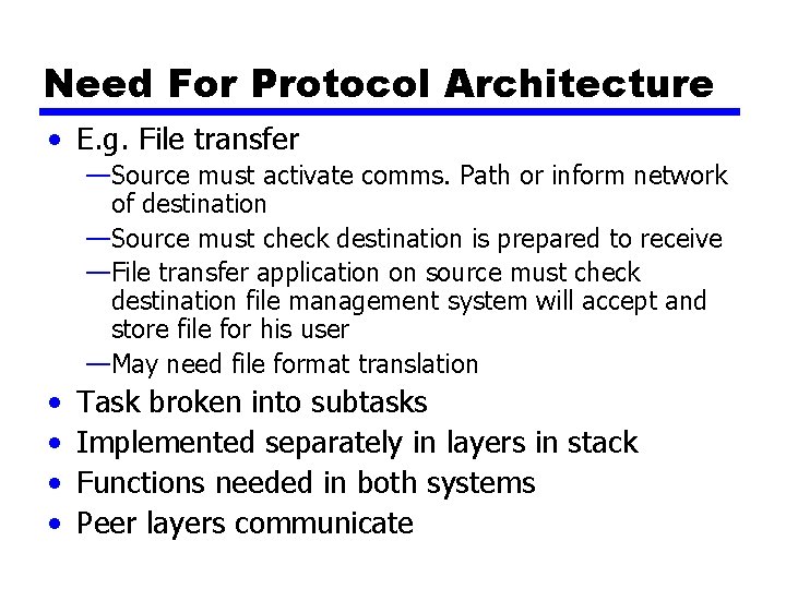 Need For Protocol Architecture • E. g. File transfer —Source must activate comms. Path Need For Protocol Architecture • E. g. File transfer —Source must activate comms. Path