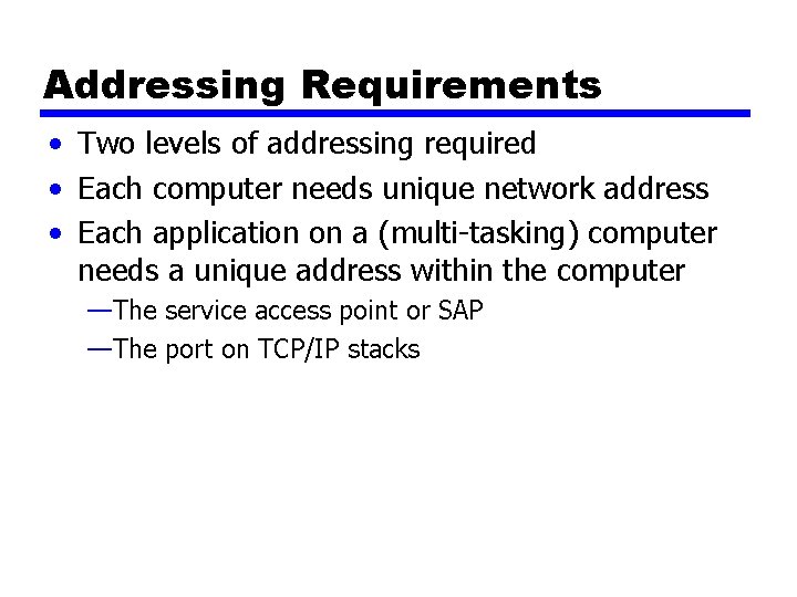 Addressing Requirements • Two levels of addressing required • Each computer needs unique network Addressing Requirements • Two levels of addressing required • Each computer needs unique network
