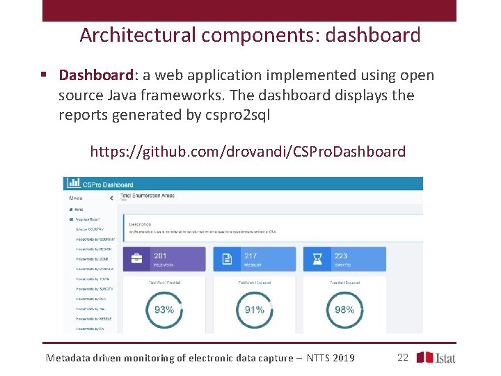 Architectural components: dashboard § Dashboard: a web application implemented using open source Java frameworks.