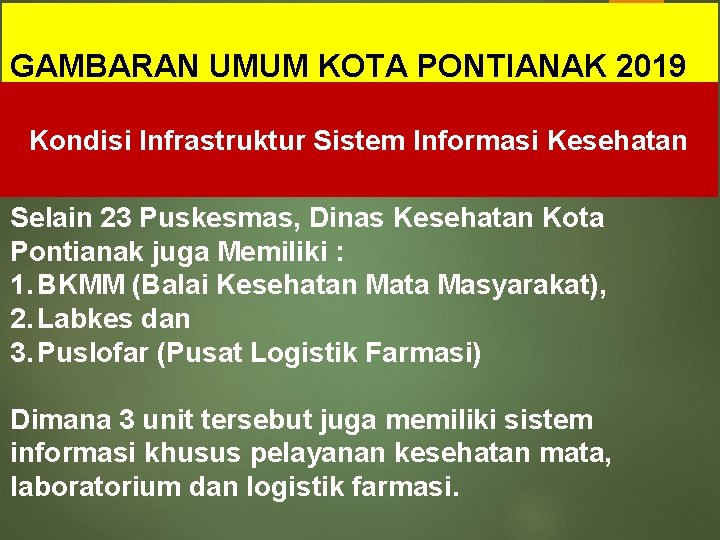 GAMBARAN UMUM KOTA PONTIANAK 2019 Kondisi Infrastruktur Sistem Informasi Kesehatan Selain 23 Puskesmas, Dinas