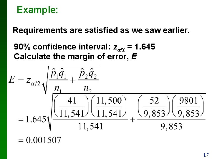 Example: Requirements are satisfied as we saw earlier. 90% confidence interval: z /2 =