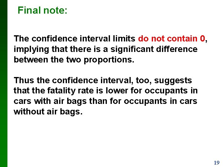 Final note: The confidence interval limits do not contain 0, implying that there is