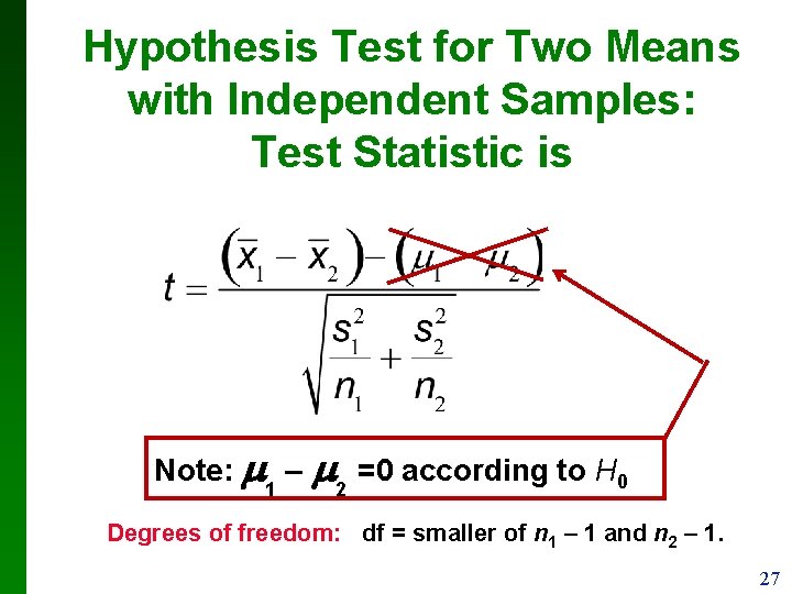 Hypothesis Test for Two Means with Independent Samples: Test Statistic is Note: 1 –
