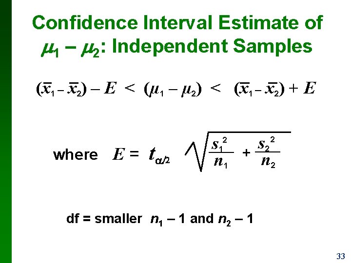 Confidence Interval Estimate of 1 – 2: Independent Samples (x 1 – x 2)