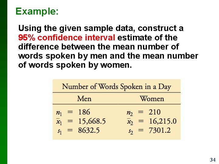 Example: Using the given sample data, construct a 95% confidence interval estimate of the