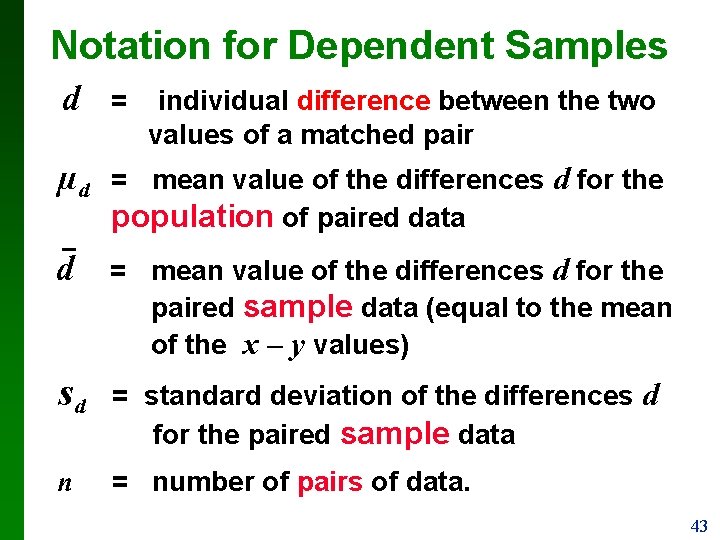 Notation for Dependent Samples d = µd = mean value of the differences d