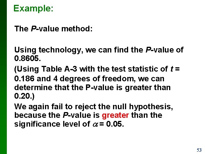 Example: The P-value method: Using technology, we can find the P-value of 0. 8605.