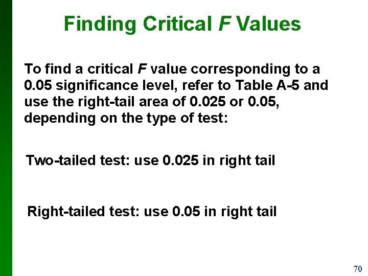 Finding Critical F Values To find a critical F value corresponding to a 0.