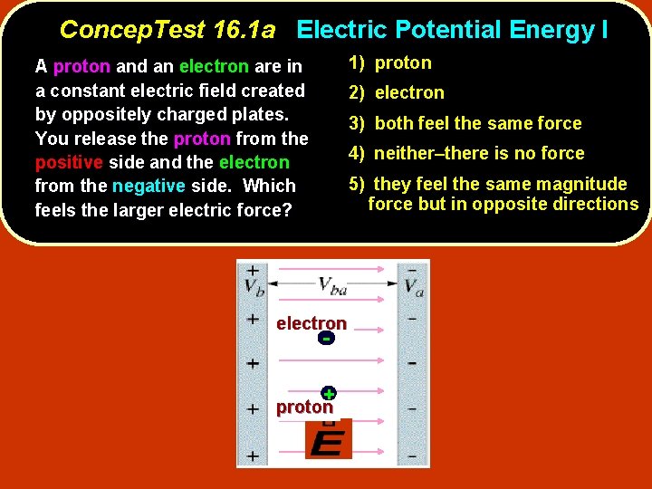 Concep. Test 16. 1 a Electric Potential Energy I 1) proton A proton and