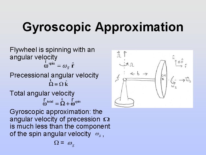 Gyroscopic Approximation Flywheel is spinning with an angular velocity Precessional angular velocity Total angular