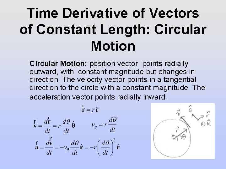 Time Derivative of Vectors of Constant Length: Circular Motion: position vector points radially outward,