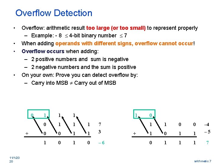 Overflow Detection • • Overflow: arithmetic result too large (or too small) to represent