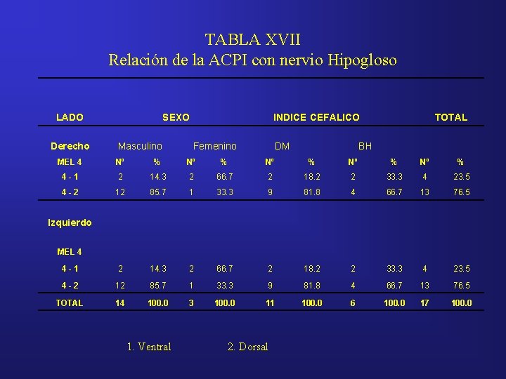 TABLA XVII Relación de la ACPI con nervio Hipogloso LADO Derecho SEXO Masculino INDICE