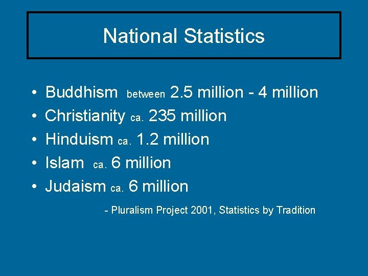 National Statistics • • • Buddhism between 2. 5 million - 4 million Christianity