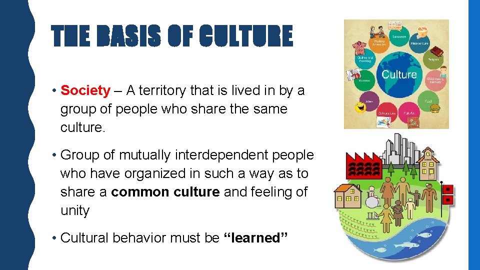 THE BASIS OF CULTURE • Society – A territory that is lived in by