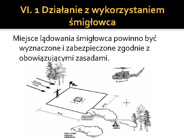 VI. 1 Działanie z wykorzystaniem śmigłowca Miejsce lądowania śmigłowca powinno być wyznaczone i zabezpieczone